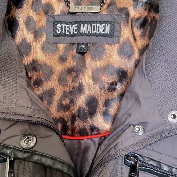 STEVE Madden Quilted Coat Gray Leopard Lining Zip Knee Length Womens M - Picture 4 of 9